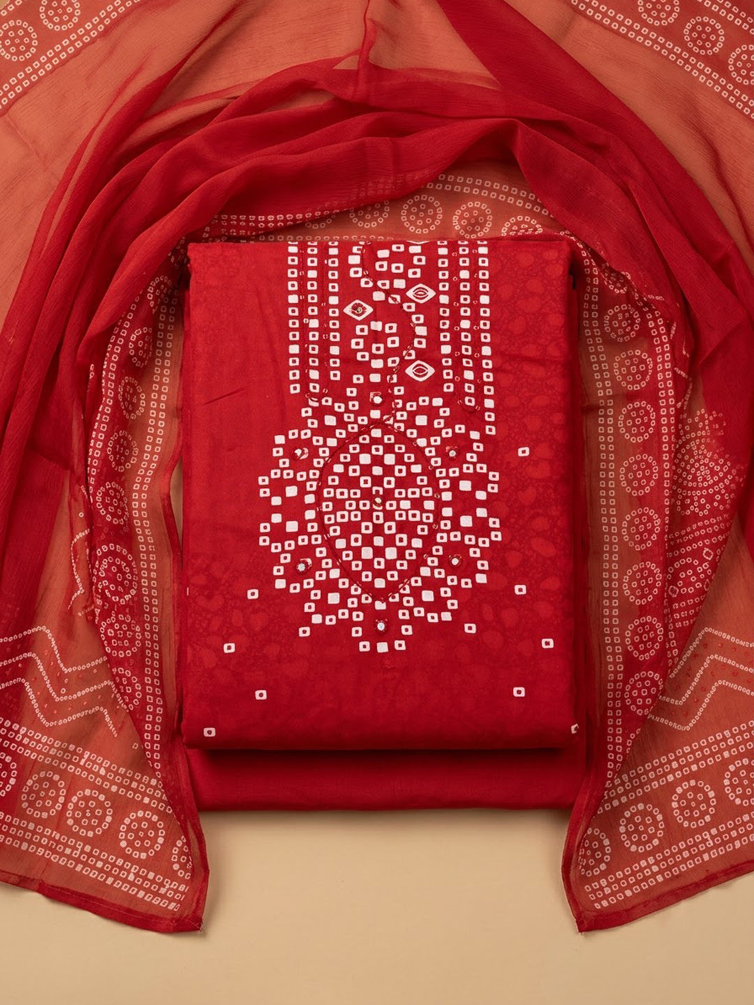 Red Cotton Blend Printed Unstitched Dress Material