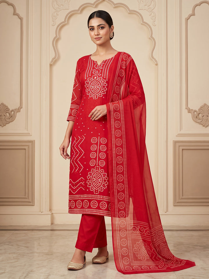 Red Cotton Blend Printed Unstitched Dress Material