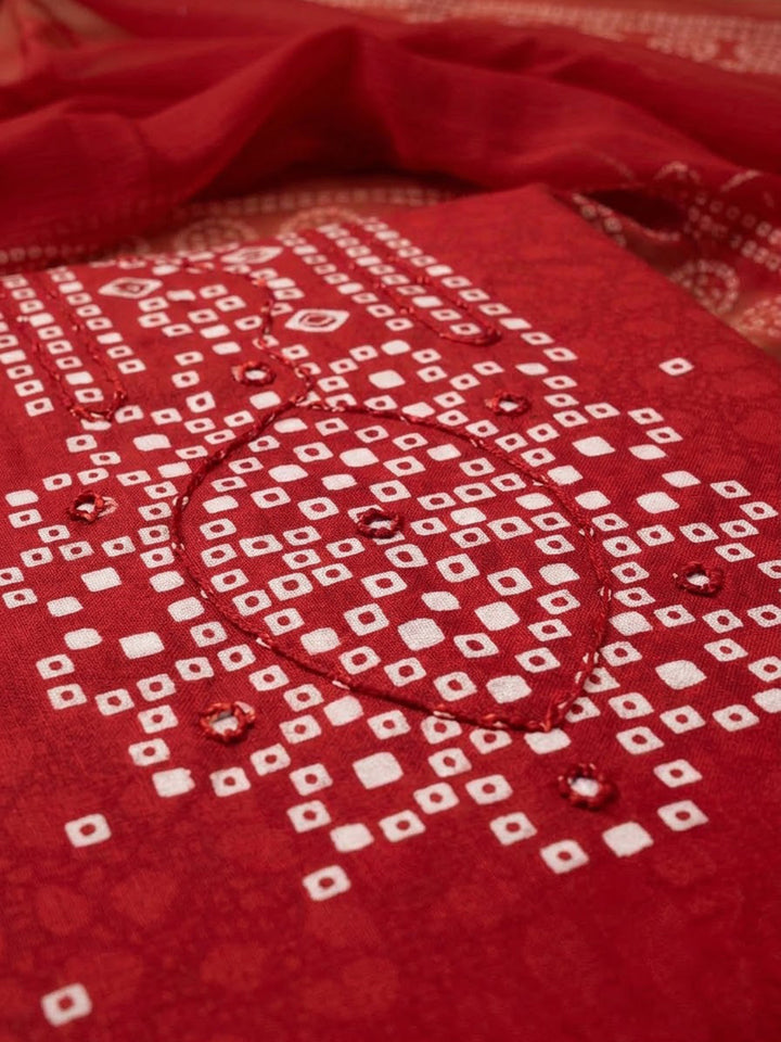 Red Cotton Blend Printed Unstitched Dress Material
