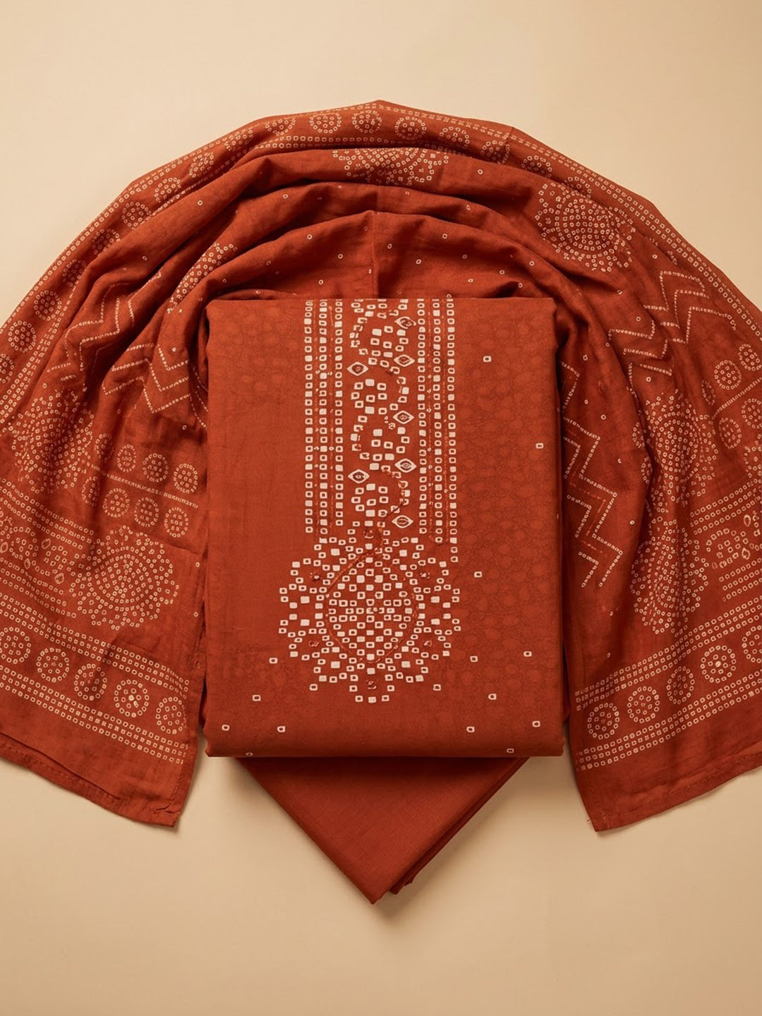 Rust Cotton Blend Printed Unstitched Dress Material