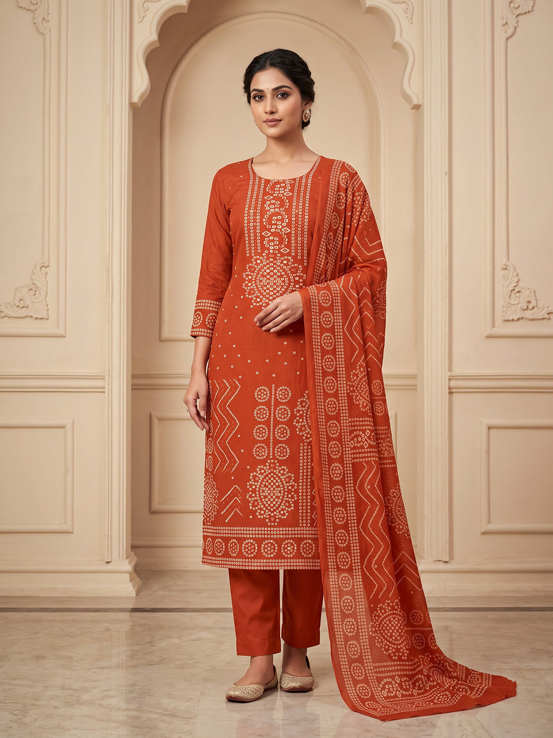 Rust Cotton Blend Printed Unstitched Dress Material