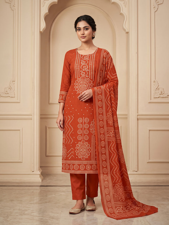 Rust Cotton Blend Printed Unstitched Dress Material