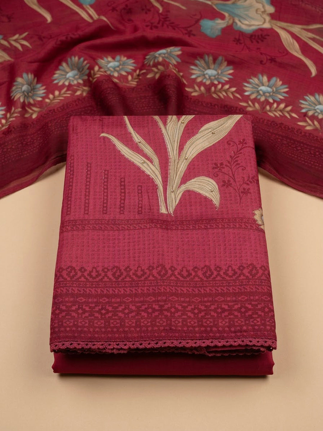 Onion Pink Cotton Blend Printed Unstitched Dress Material