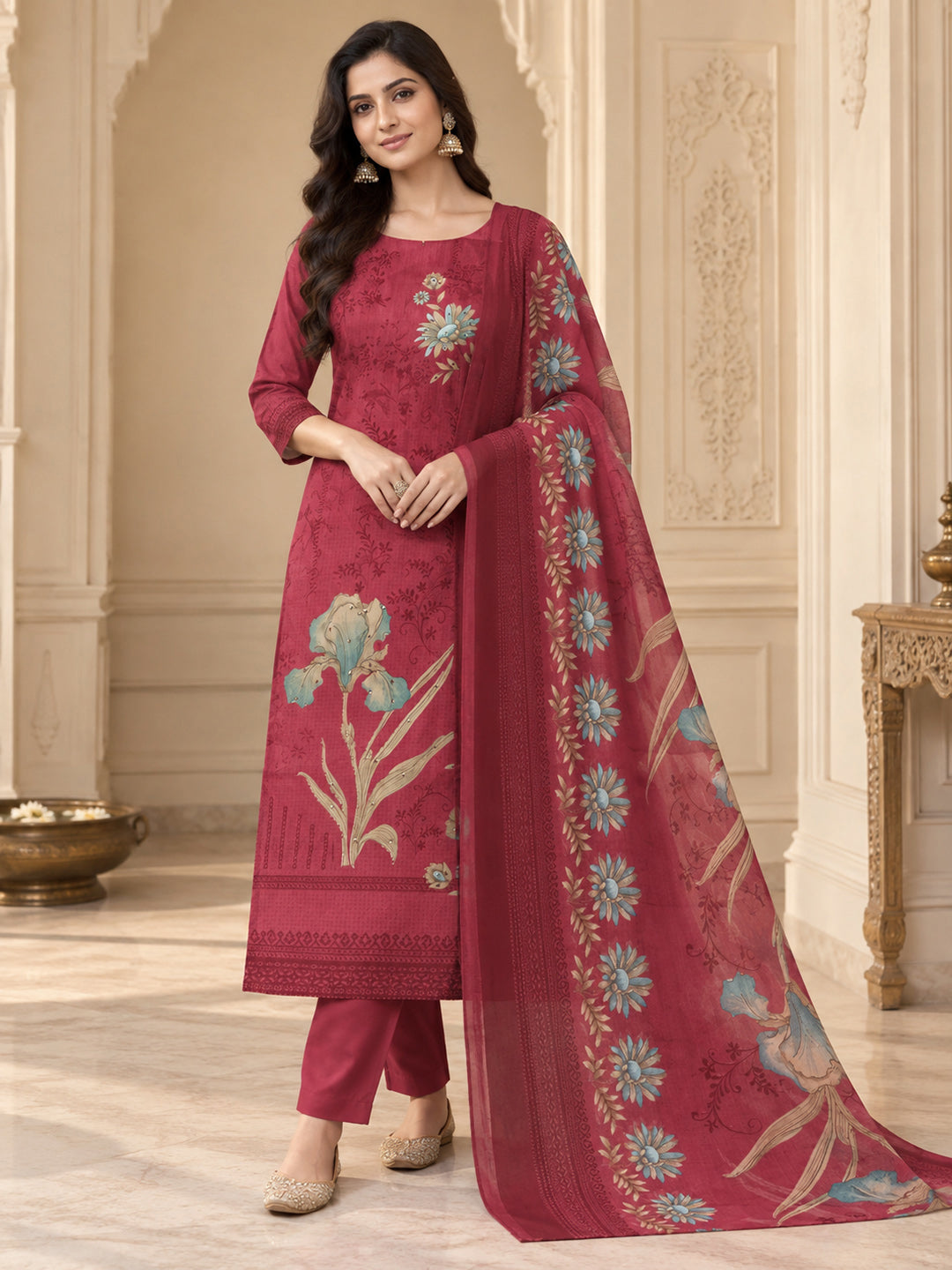 Onion Pink Cotton Blend Printed Unstitched Dress Material