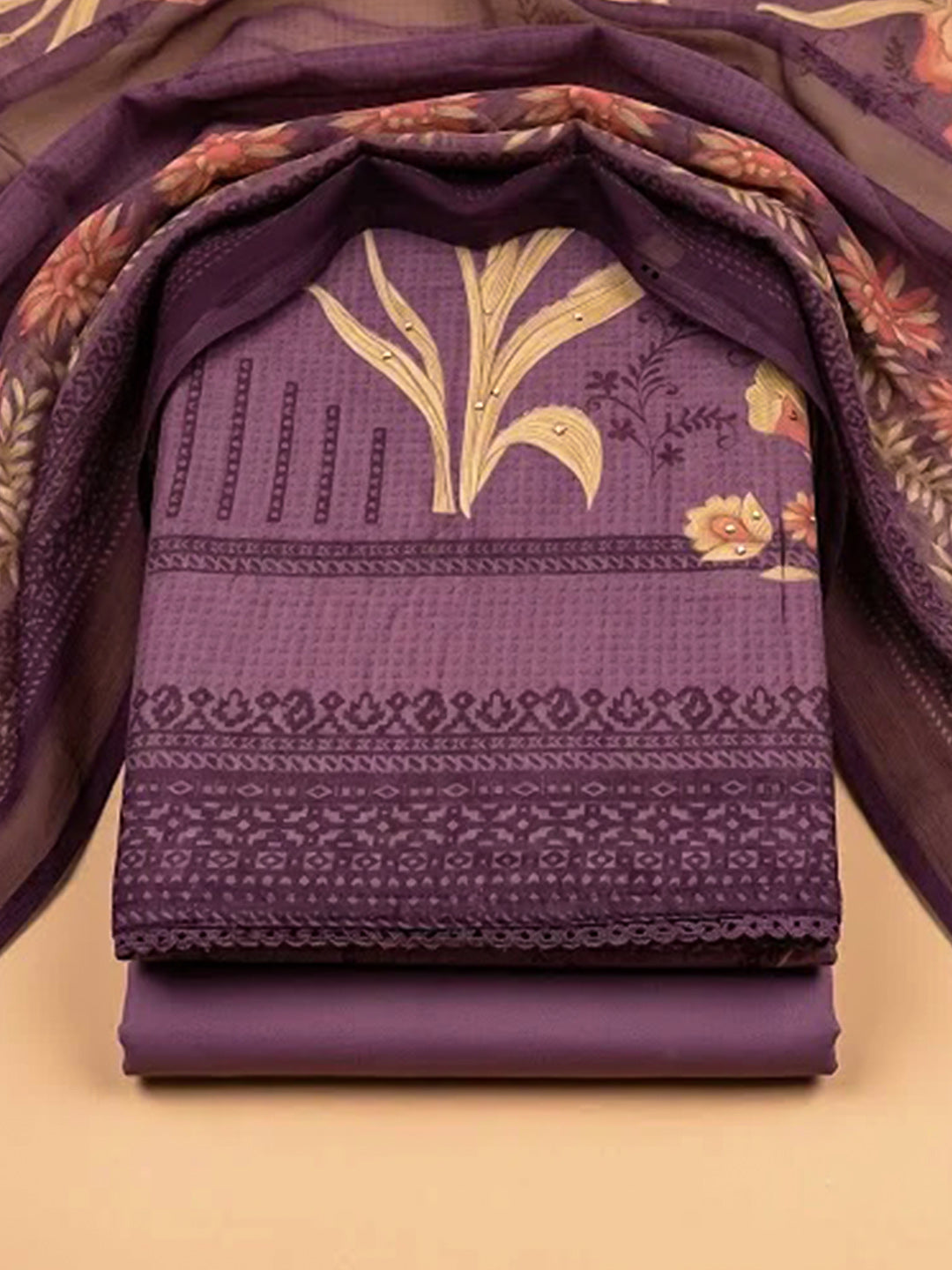 Purple Cotton Blend Printed Unstitched Dress Material
