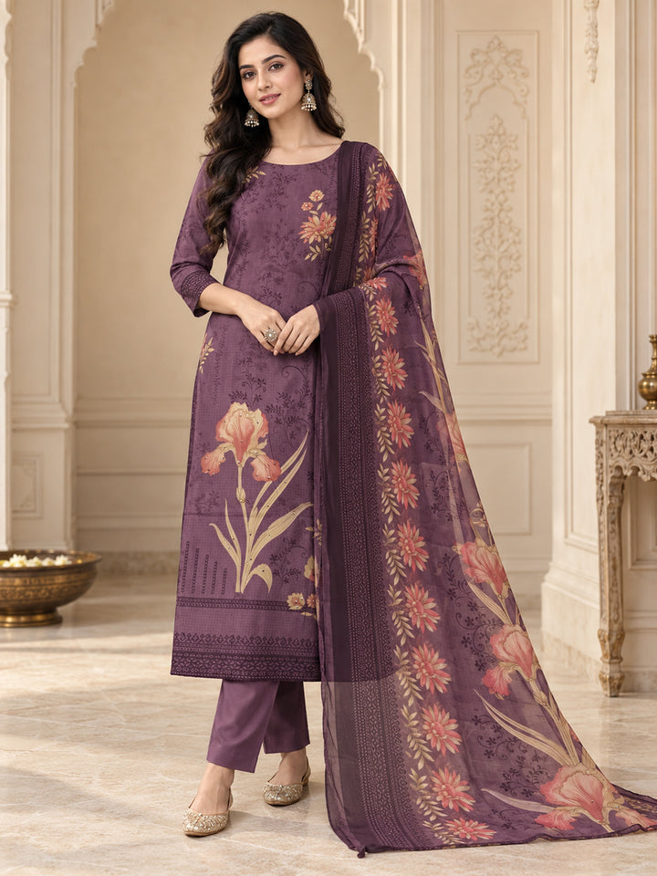 Purple Cotton Blend Printed Unstitched Dress Material