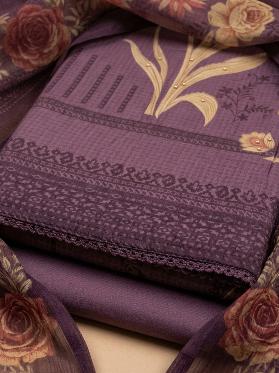 Purple Cotton Blend Printed Unstitched Dress Material