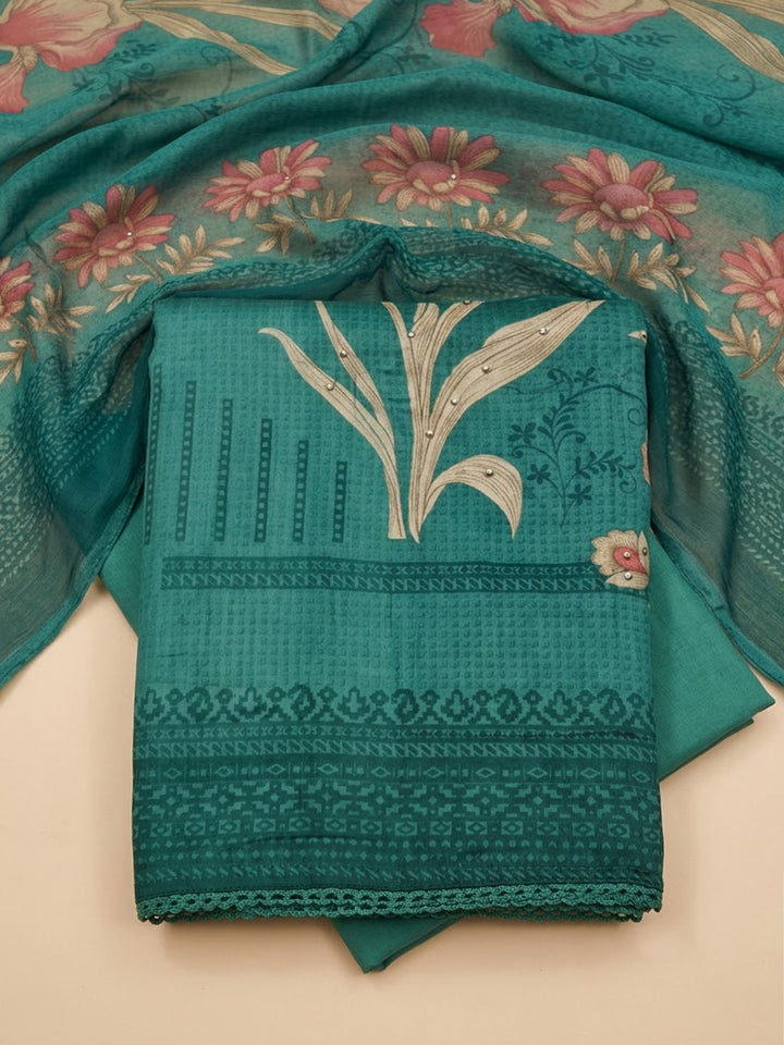 Rama Green Cotton Blend Printed Unstitched Dress Material