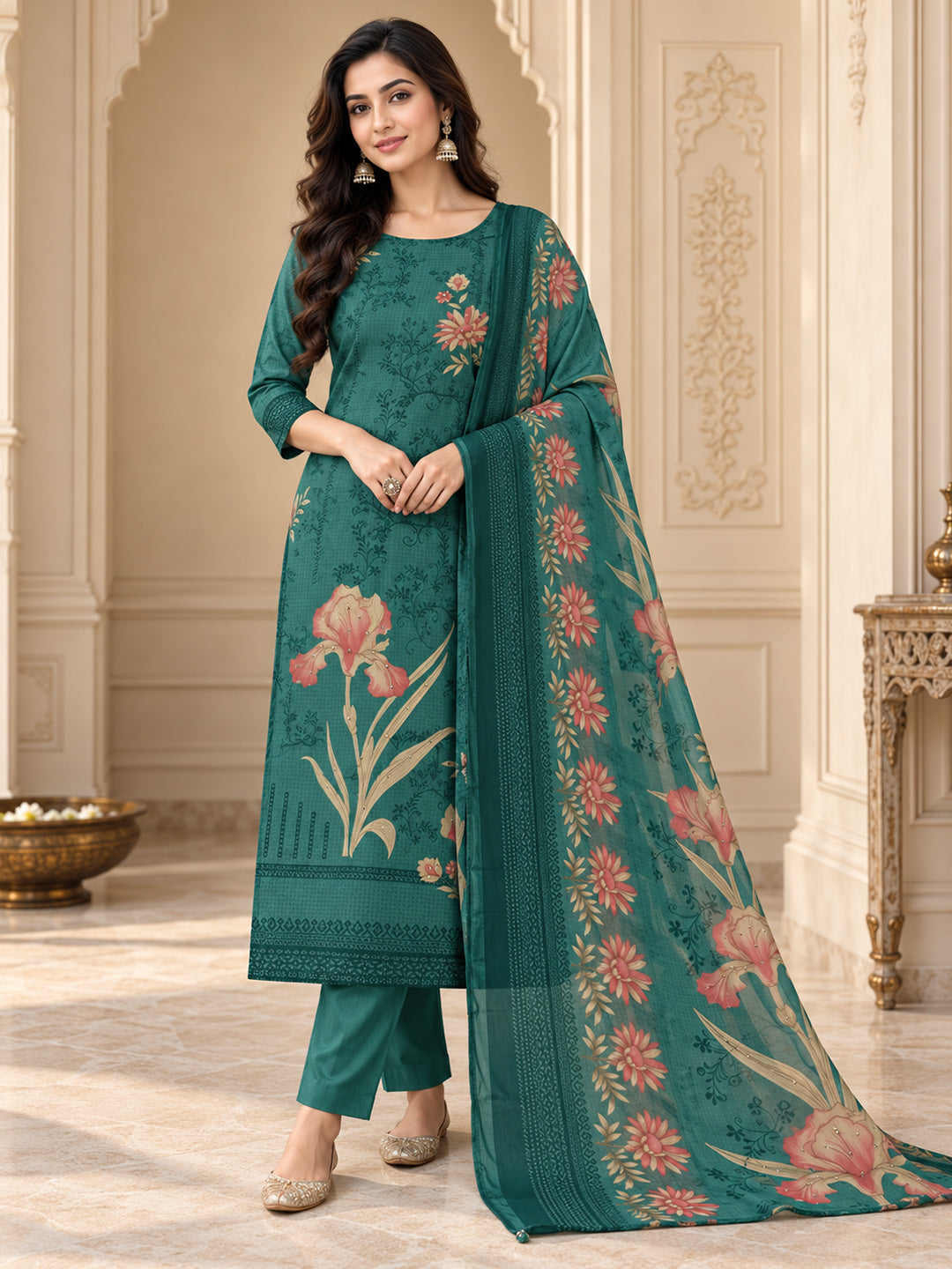 Rama Green Cotton Blend Printed Unstitched Dress Material
