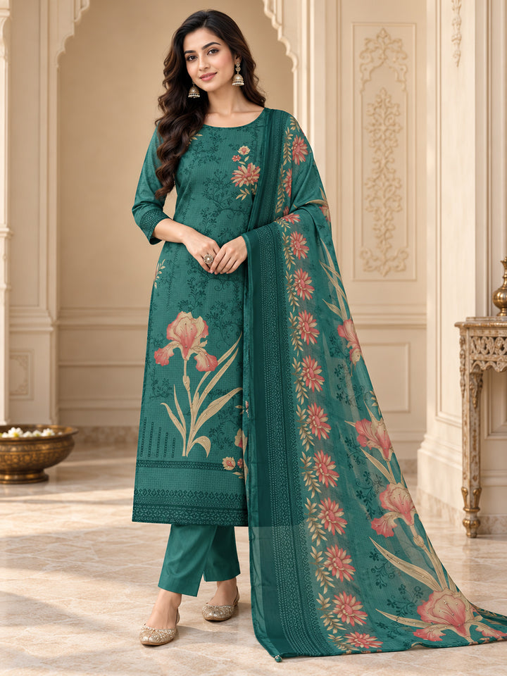 Rama Green Cotton Blend Printed Unstitched Dress Material