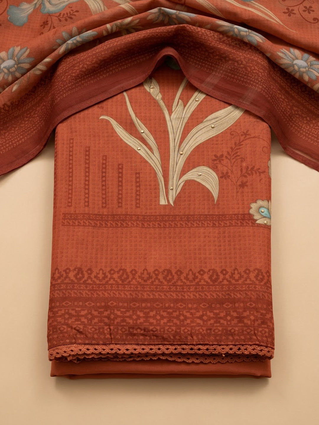 Rust Cotton Blend Printed Unstitched Dress Material