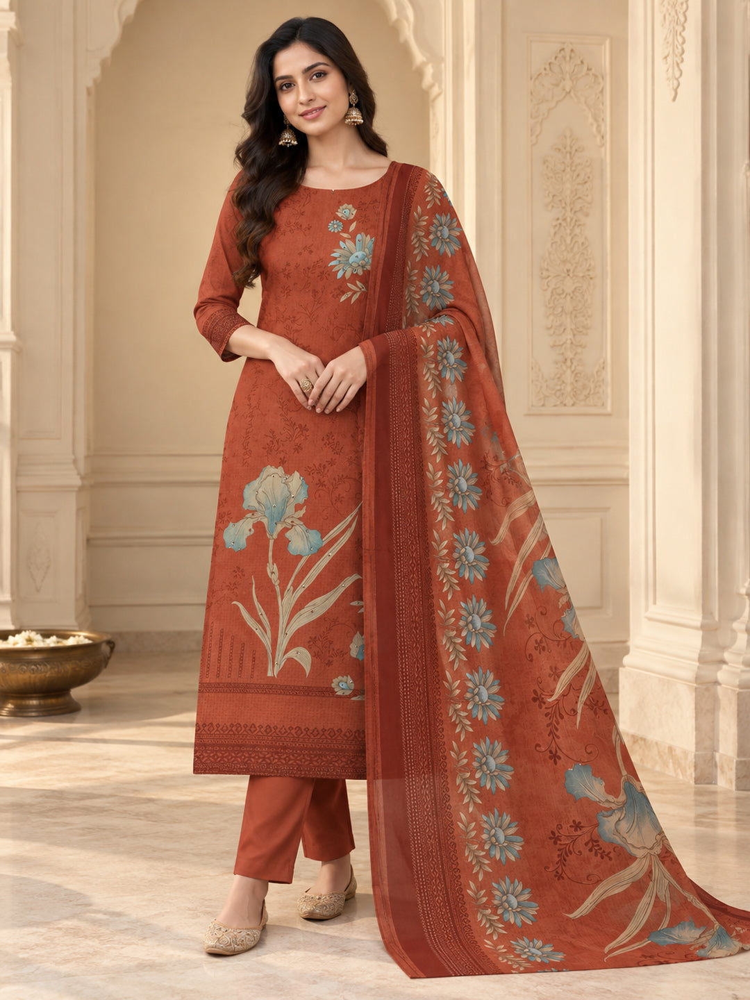 Rust Cotton Blend Printed Unstitched Dress Material