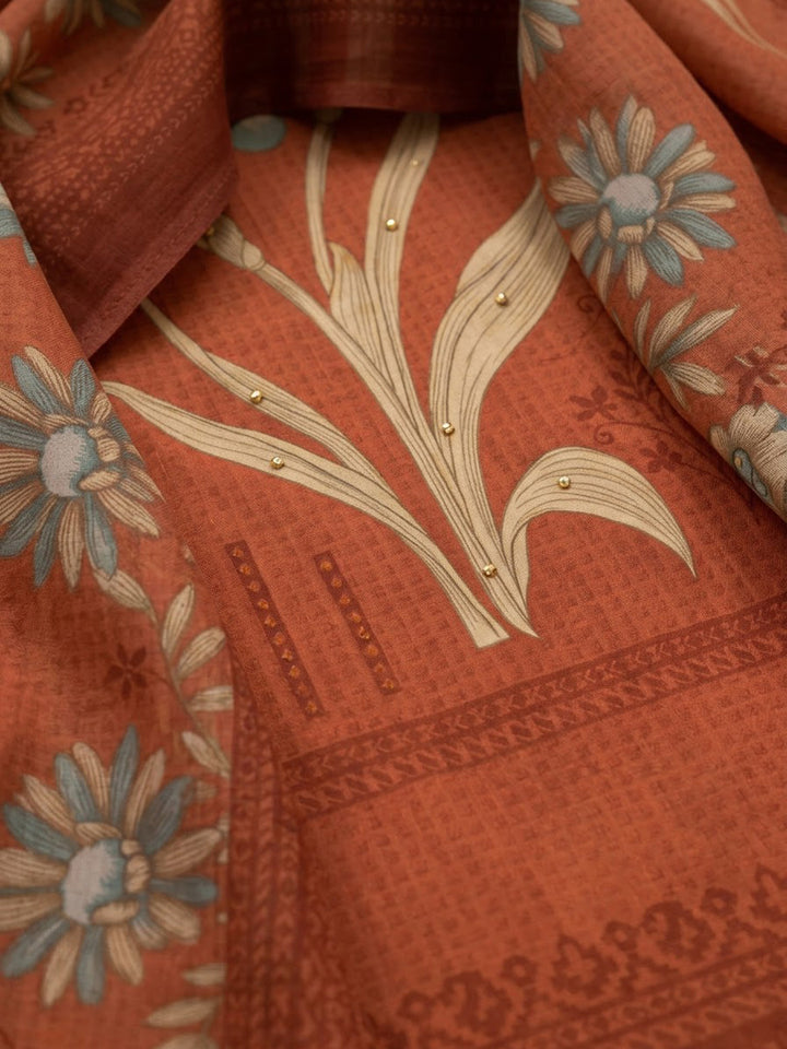 Rust Cotton Blend Printed Unstitched Dress Material