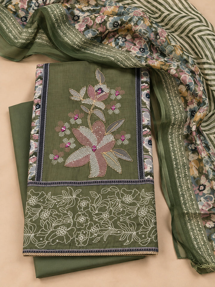 Green Cotton Blend Printed Unstitched Dress Material