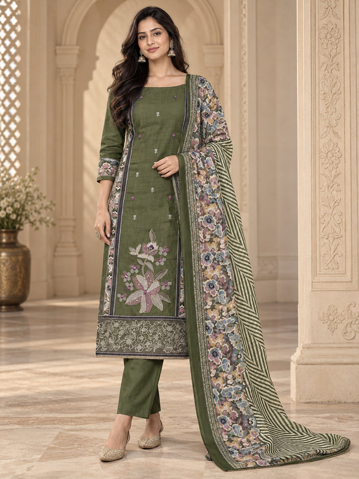 Green Cotton Blend Printed Unstitched Dress Material
