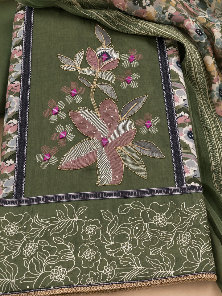 Green Cotton Blend Printed Unstitched Dress Material
