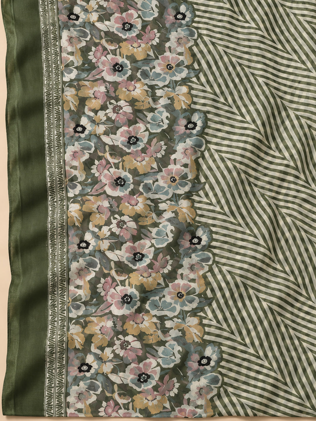Green Cotton Blend Printed Unstitched Dress Material