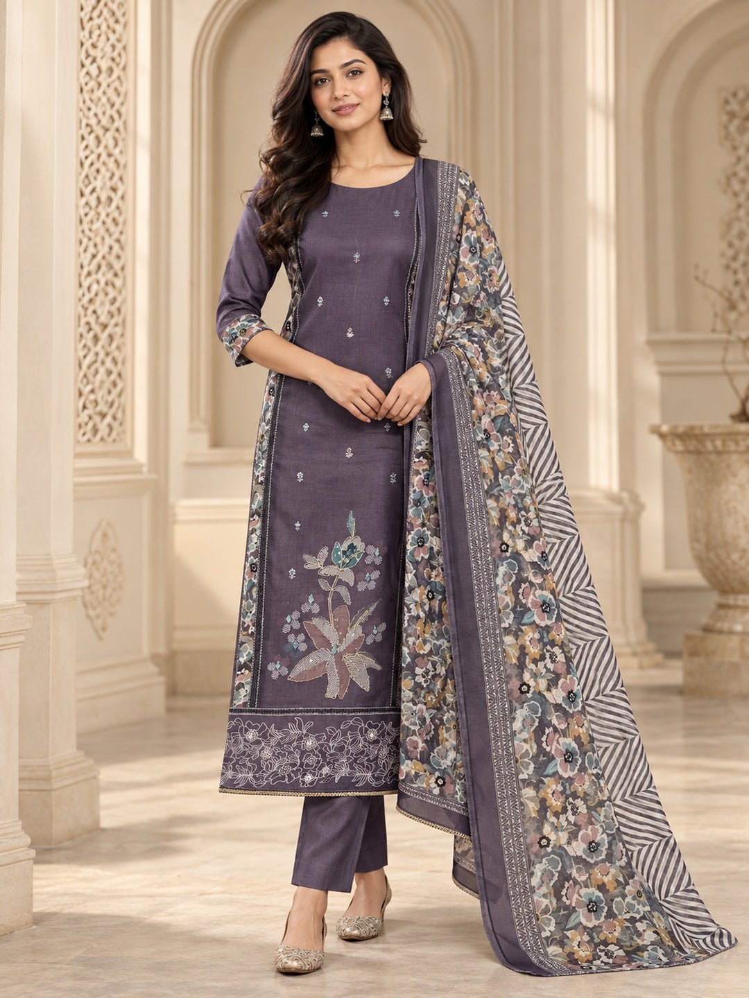 Purple Cotton Blend Printed Unstitched Dress Material