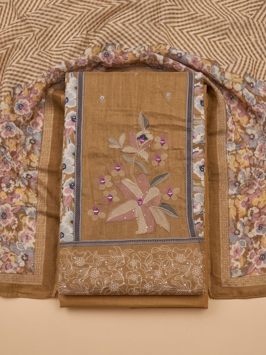 Rust Cotton Blend Printed Unstitched Dress Material