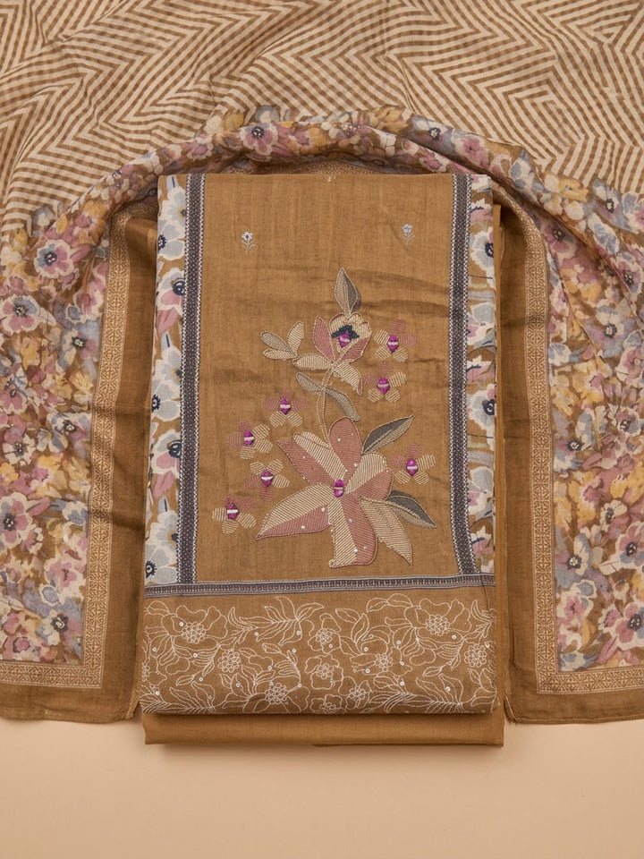 Rust Cotton Blend Printed Unstitched Dress Material