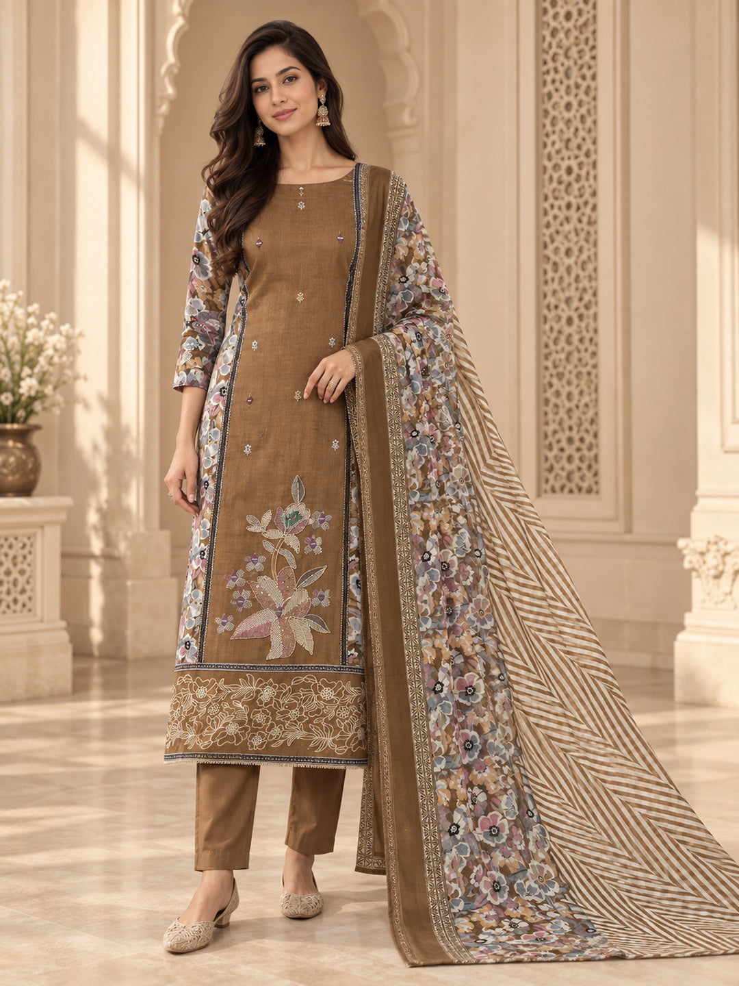 Rust Cotton Blend Printed Unstitched Dress Material