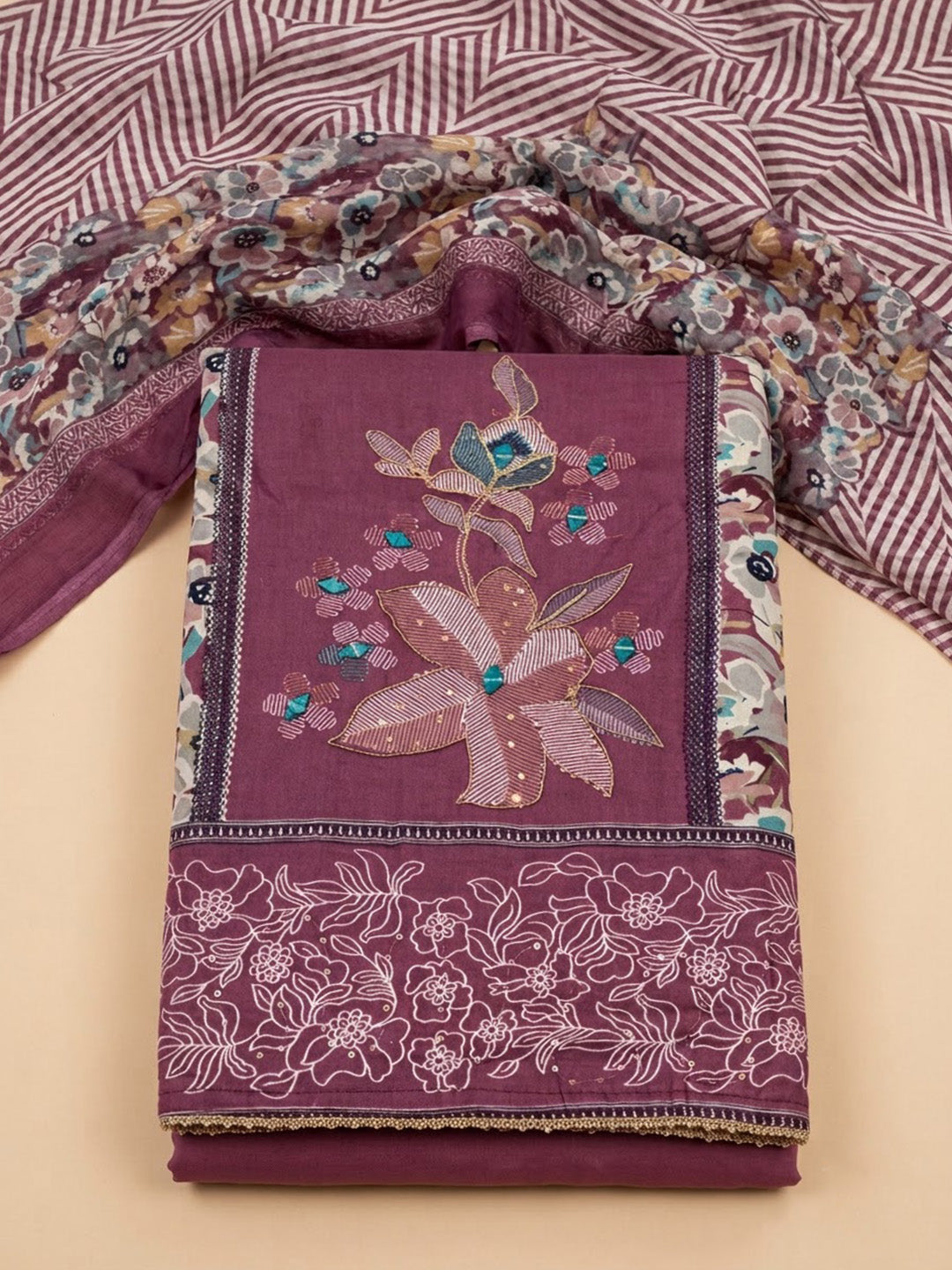 Wine Cotton Blend Printed Unstitched Dress Material