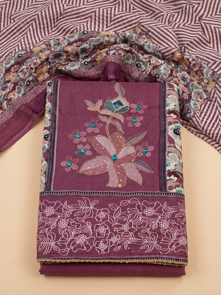 Wine Cotton Blend Printed Unstitched Dress Material