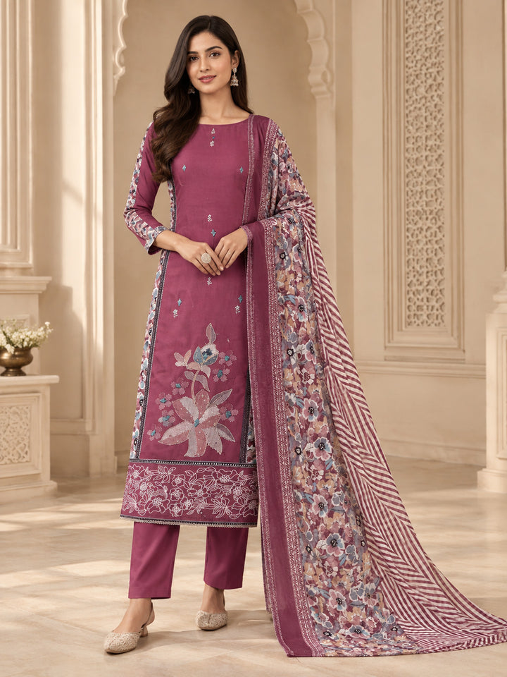 Wine Cotton Blend Printed Unstitched Dress Material