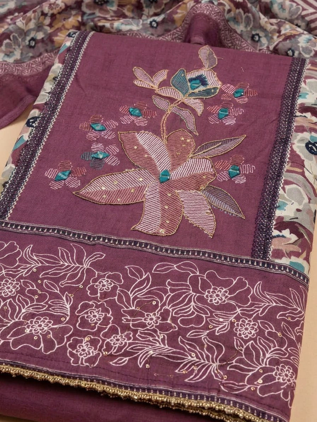 Wine Cotton Blend Printed Unstitched Dress Material