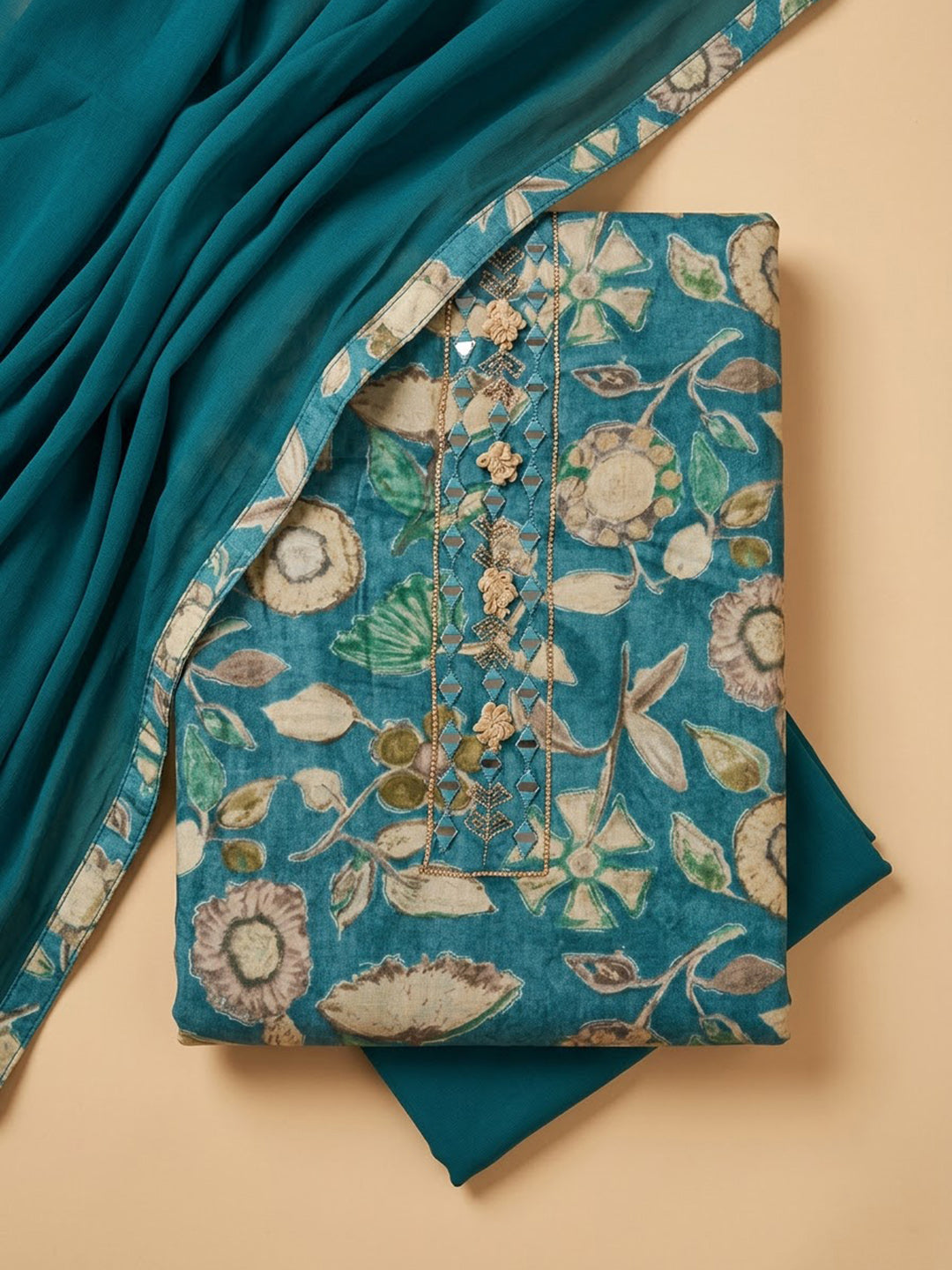 Blue Cotton Blend Printed Unstitched Dress Material