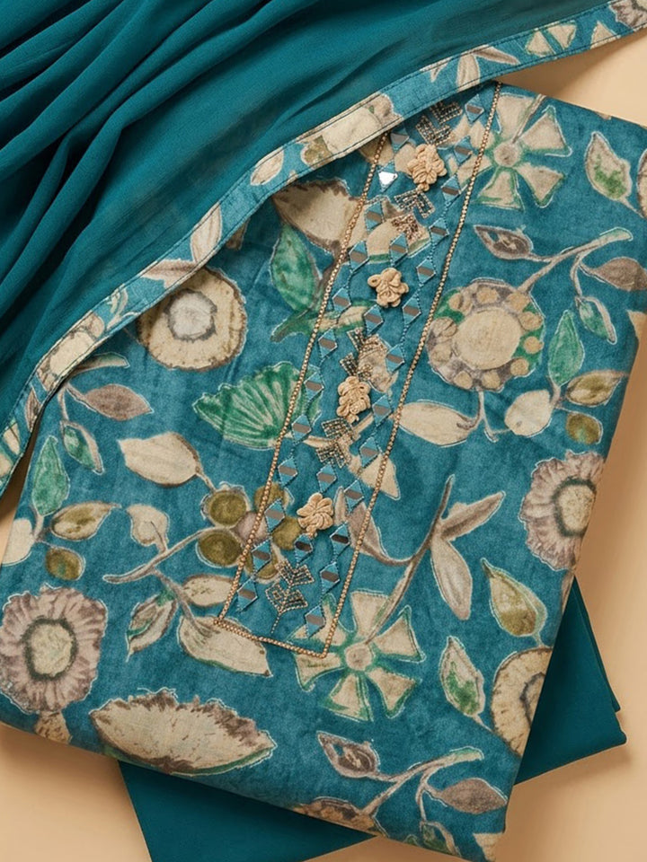 Blue Cotton Blend Printed Unstitched Dress Material