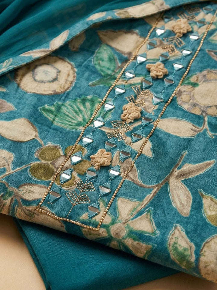 Blue Cotton Blend Printed Unstitched Dress Material