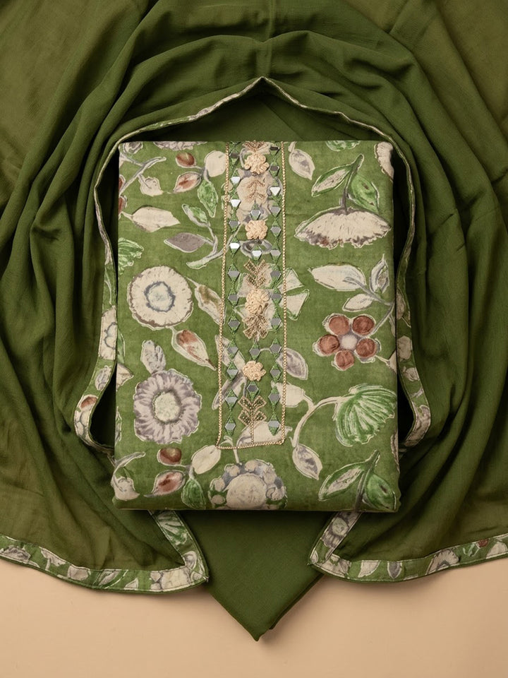 Green Cotton Blend Printed Unstitched Dress Material
