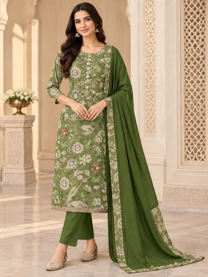 Green Cotton Blend Printed Unstitched Dress Material
