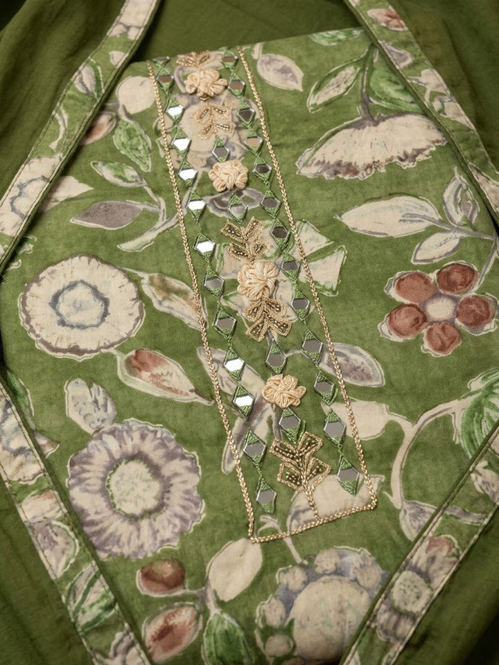 Green Cotton Blend Printed Unstitched Dress Material