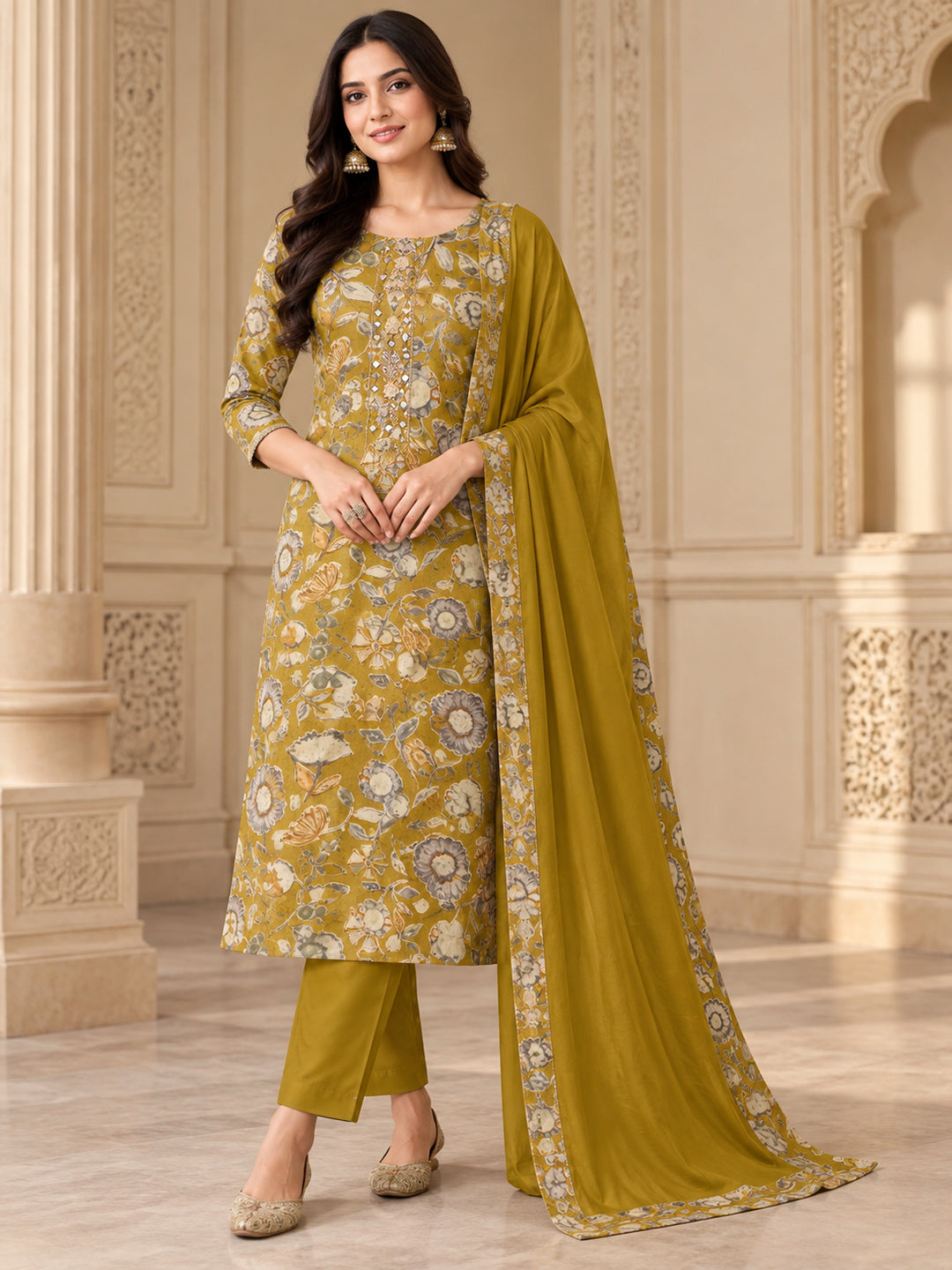Mehndi Cotton Blend Printed Unstitched Dress Material