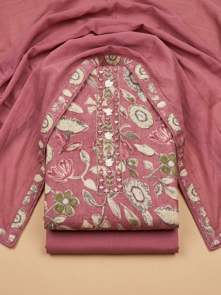 Onion Pink Cotton Blend Printed Unstitched Dress Material