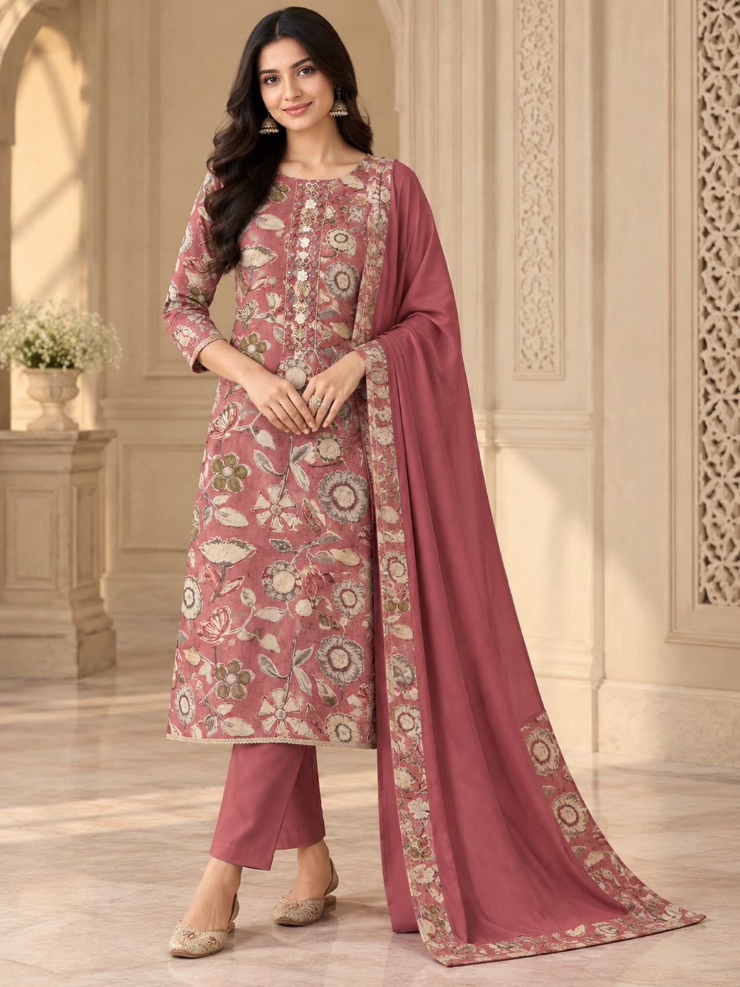 Onion Pink Cotton Blend Printed Unstitched Dress Material