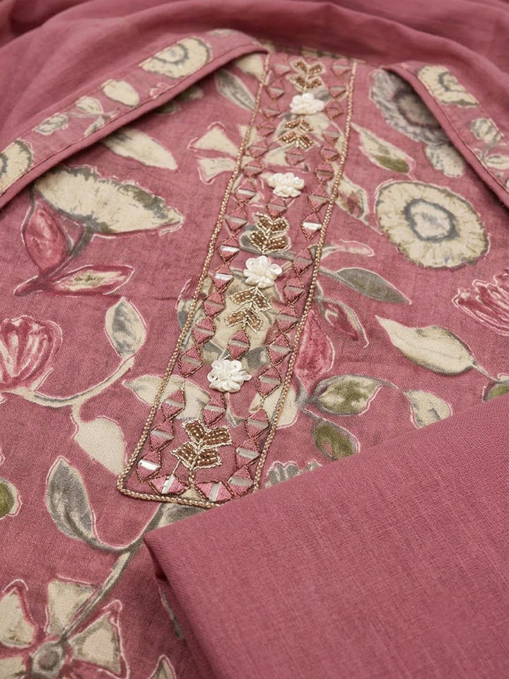 Onion Pink Cotton Blend Printed Unstitched Dress Material