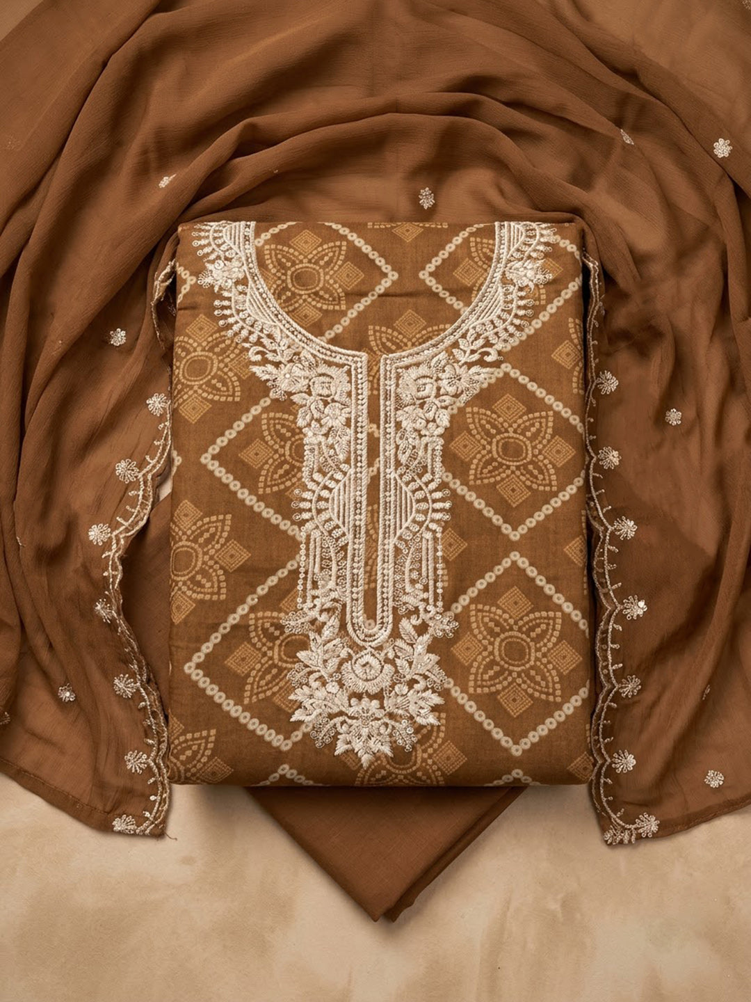Brown Cotton Blend Embroidered Unstitched Dress Material