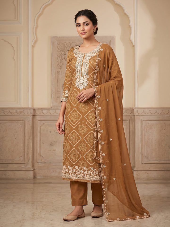 Brown Cotton Blend Embroidered Unstitched Dress Material