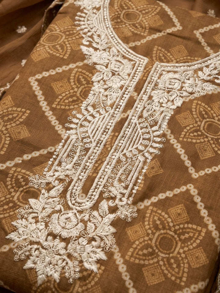 Brown Cotton Blend Embroidered Unstitched Dress Material