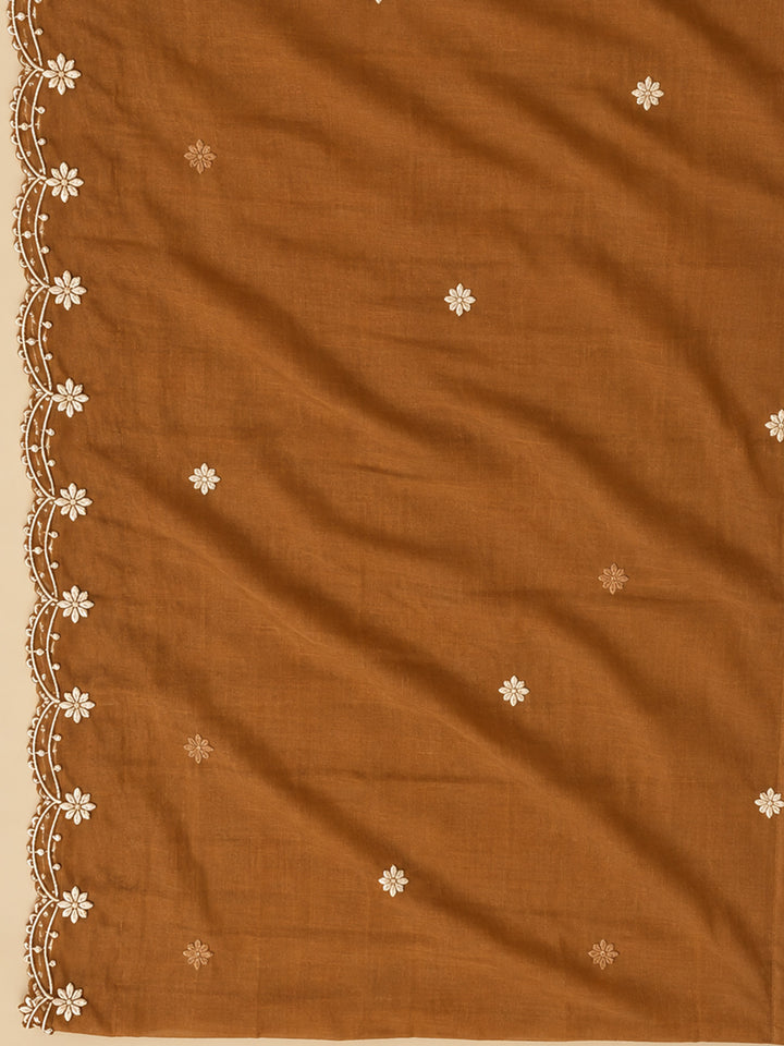 Brown Cotton Blend Embroidered Unstitched Dress Material