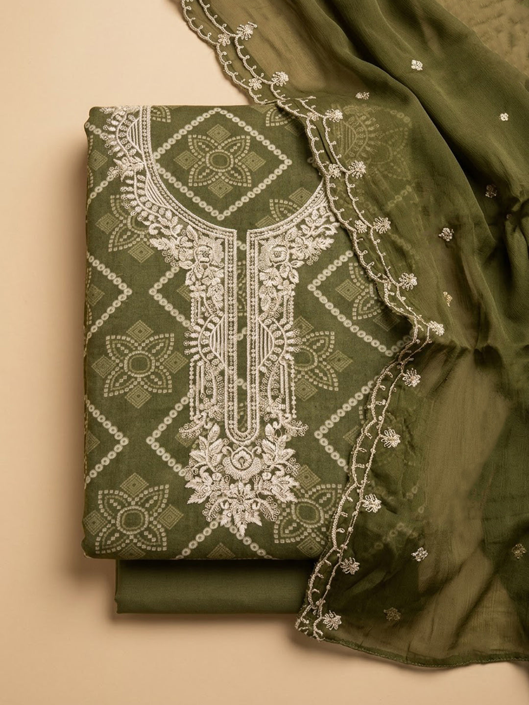 Mehndi Cotton Blend Embroidered Unstitched Dress Material