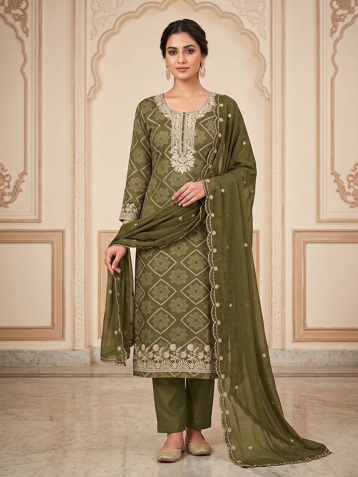 Mehndi Cotton Blend Embroidered Unstitched Dress Material