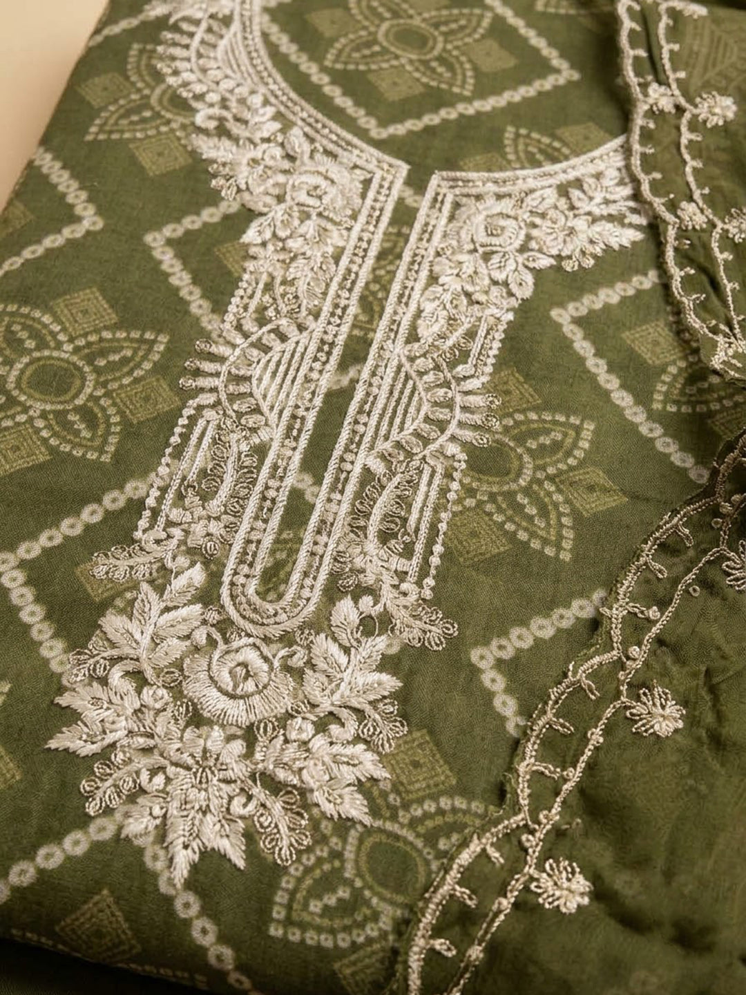 Mehndi Cotton Blend Embroidered Unstitched Dress Material