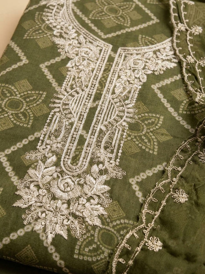 Mehndi Cotton Blend Embroidered Unstitched Dress Material