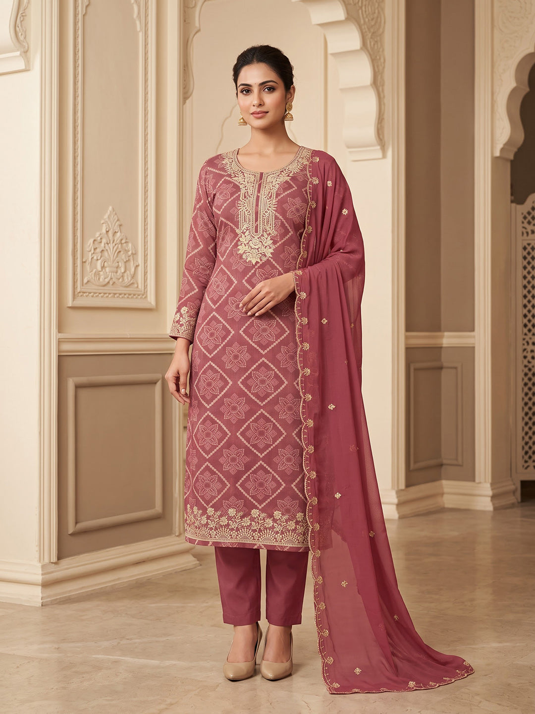 Onion Pink Cotton Blend Embroidered Unstitched Dress Material