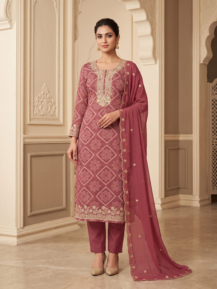 Onion Pink Cotton Blend Embroidered Unstitched Dress Material