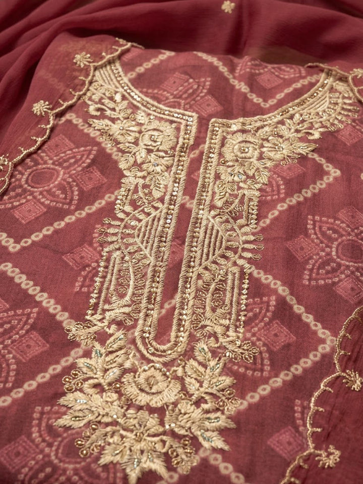 Onion Pink Cotton Blend Embroidered Unstitched Dress Material